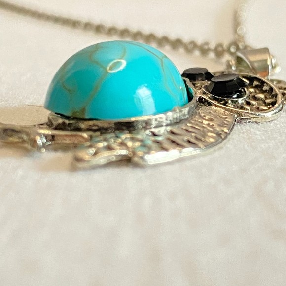 Owl Pendant Necklace Faux Turquoise Belly Silver Tone Black Stone Eyes - Picture 6 of 8